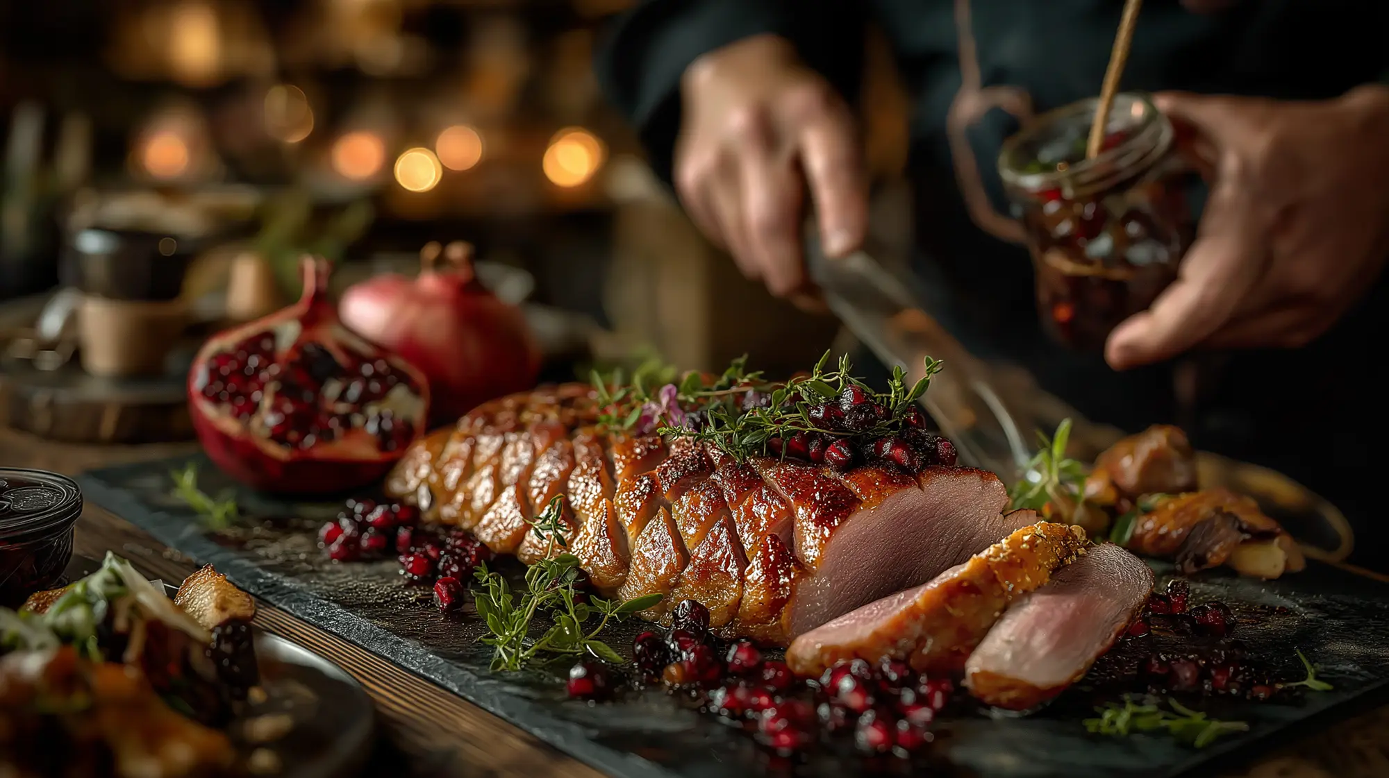Entenbrust mit Granatapfelsoße und weihnachtlichem Feldsalat