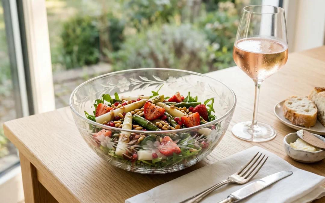 Salat von grünem und weißen Spargel mit gepfefferten Erdbeeren