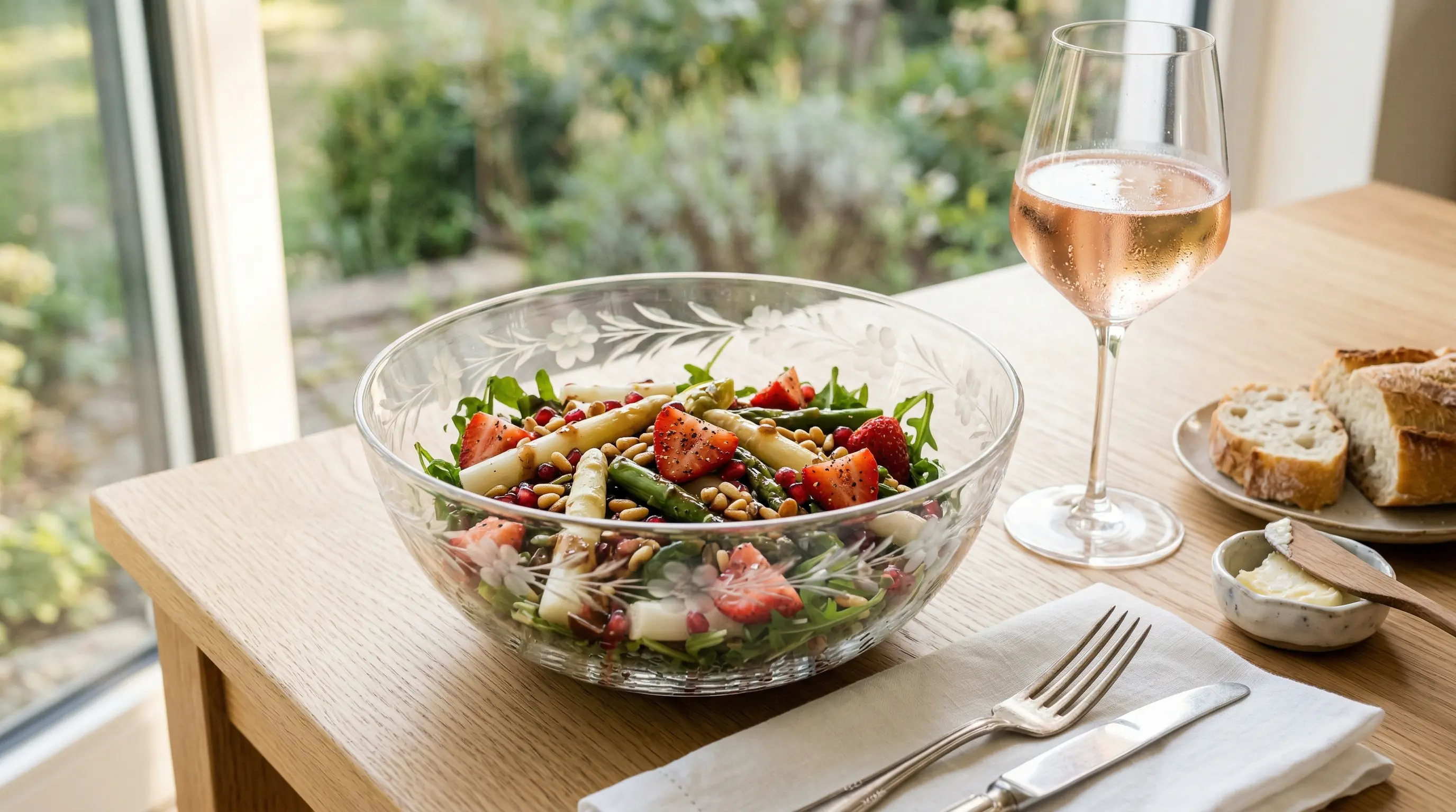 Salat von grünem und weißen Spargel mit gepfefferten Erdbeeren