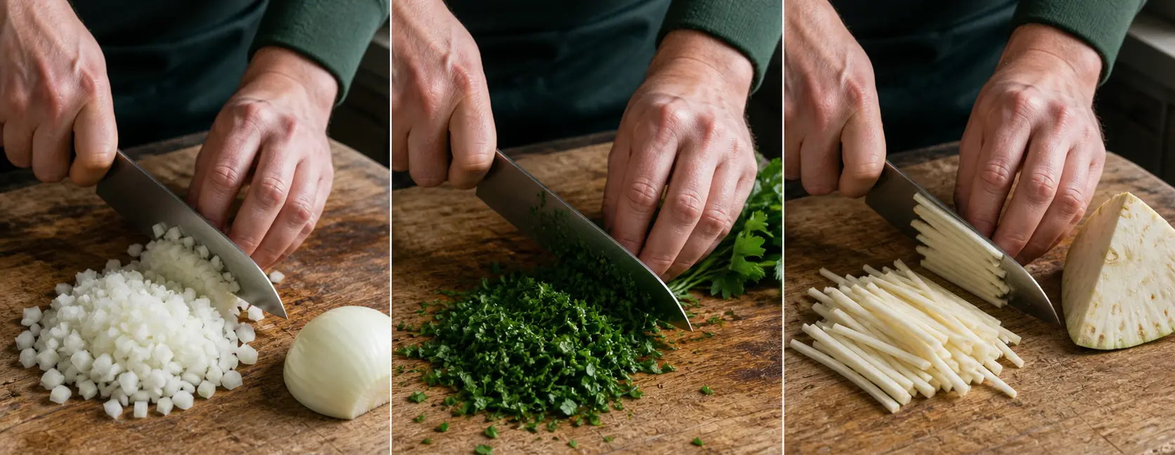 Zwiebel, Petersilie und Sellerie für Tagliatelle mit Pfifferlingen vorbereiten