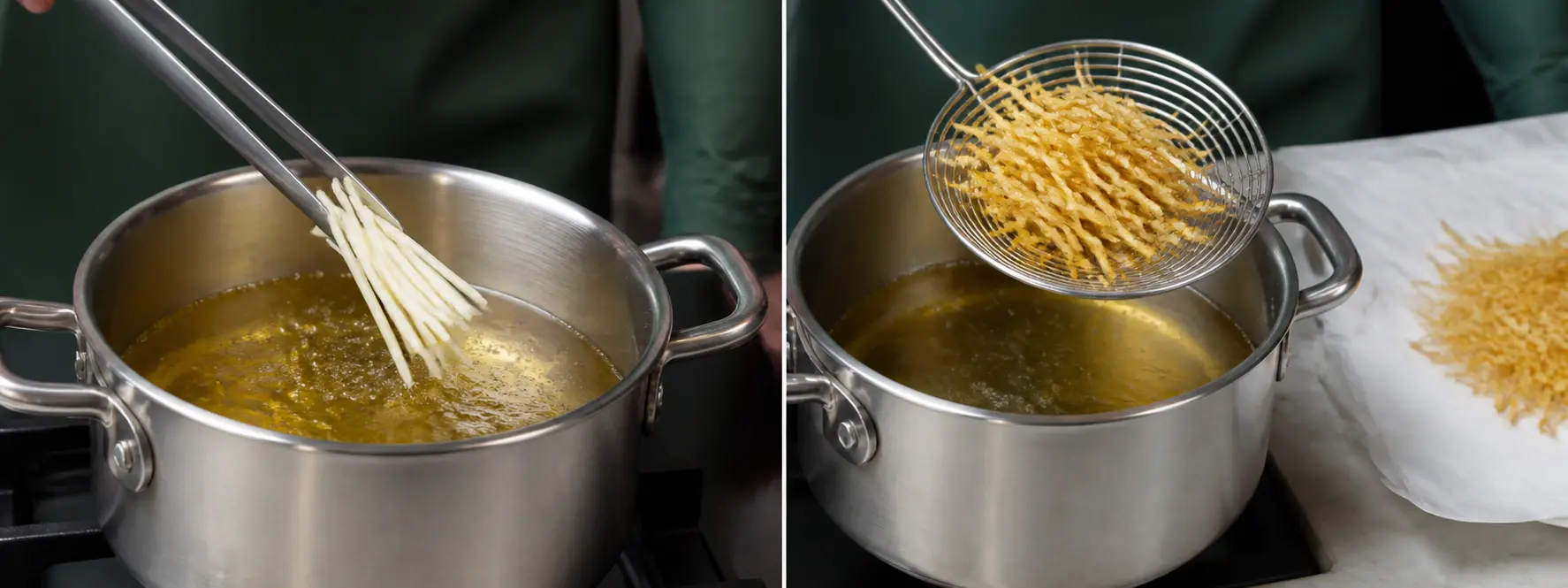 Feine Selleriestreifen zu knusprigen Sellerie-Frites frittieren