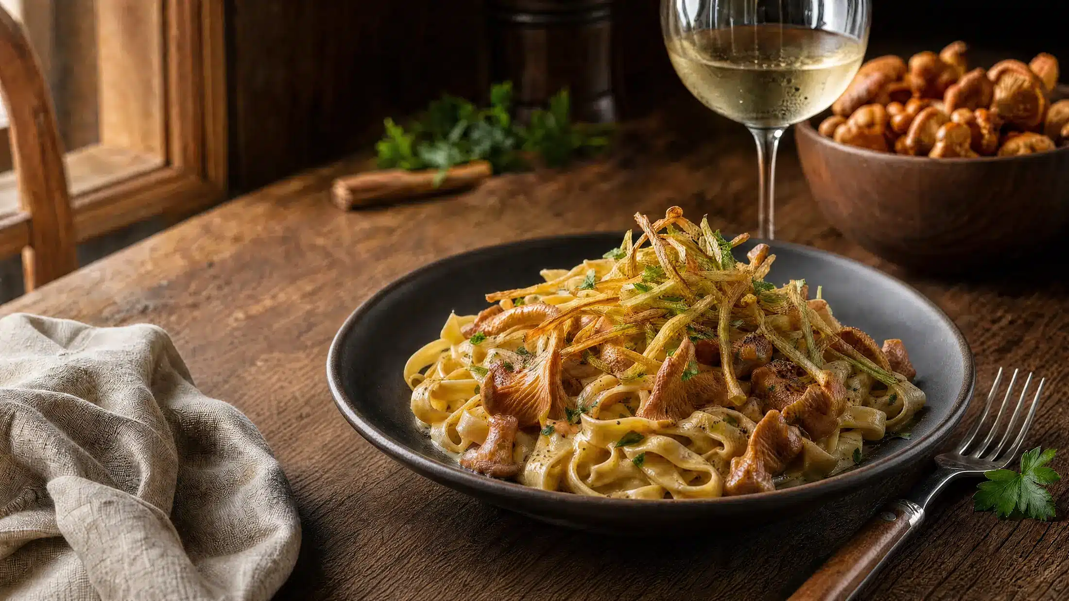 Tagliatelle mit Goldöhrchen & Sellerie – Frites