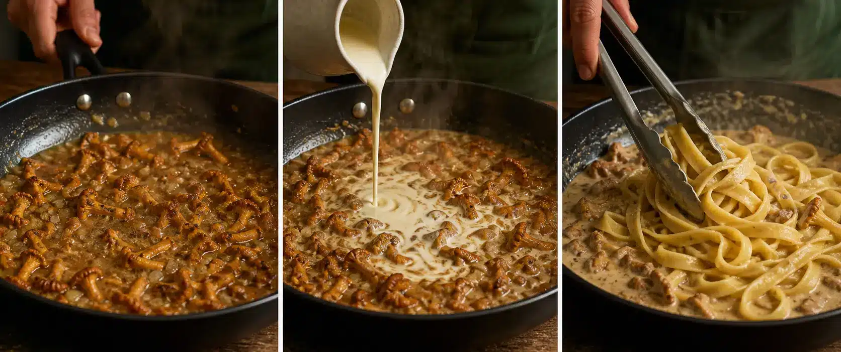 Cremige Pfifferlingssauce vollenden und mit Tagliatelle vermengen