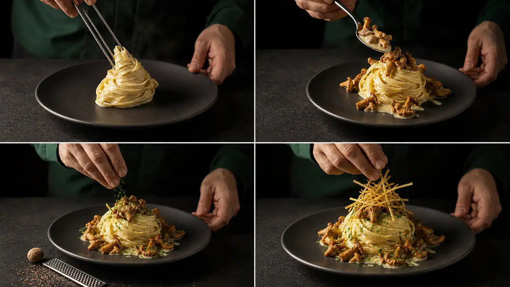 Tagliatelle mit Pfifferlingen, Petersilie, Muskat und Sellerie-Frites anrichten