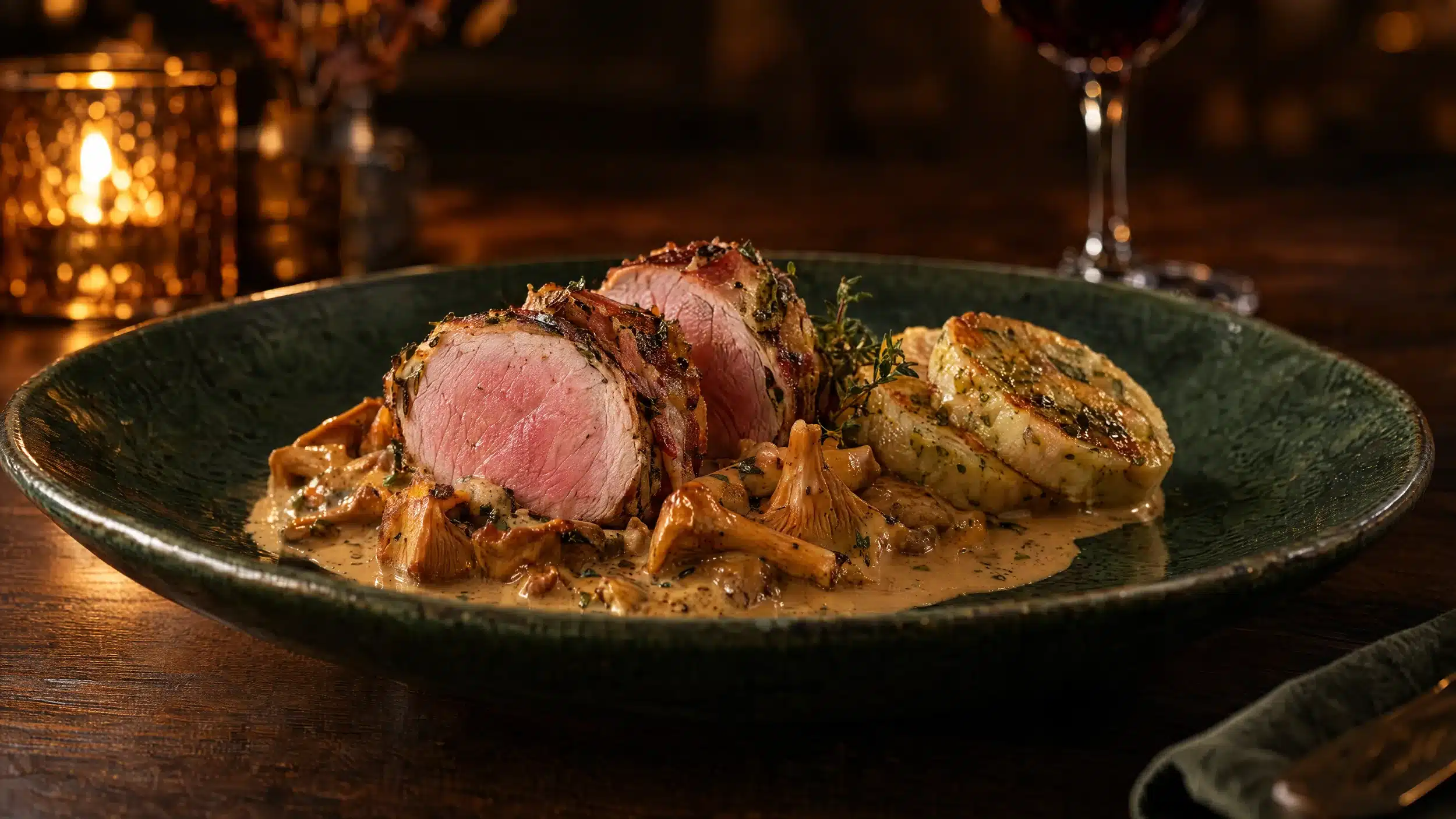Iberico-Schweinefilet im Speckmantel mit Pfifferlingen in Portweinsauce