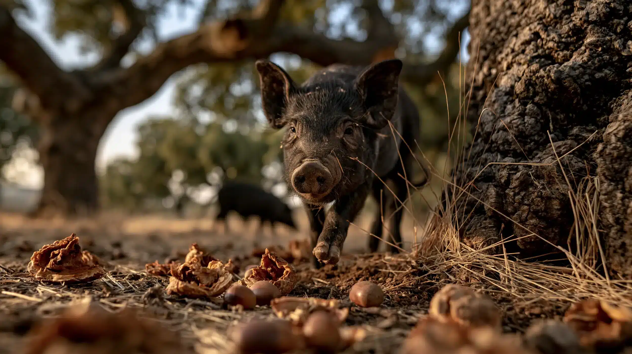 Eicheln am Boden der Dehesa Eicheln am Boden der Dehesa, dahinter ein iberisches Freilandschwein