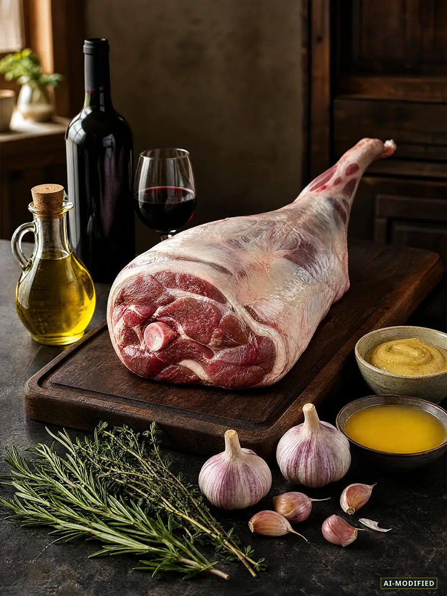 Lammkeule, Knoblauch, Kräuter, Olivenöl, Senf, Rotwein und Butterschmalz