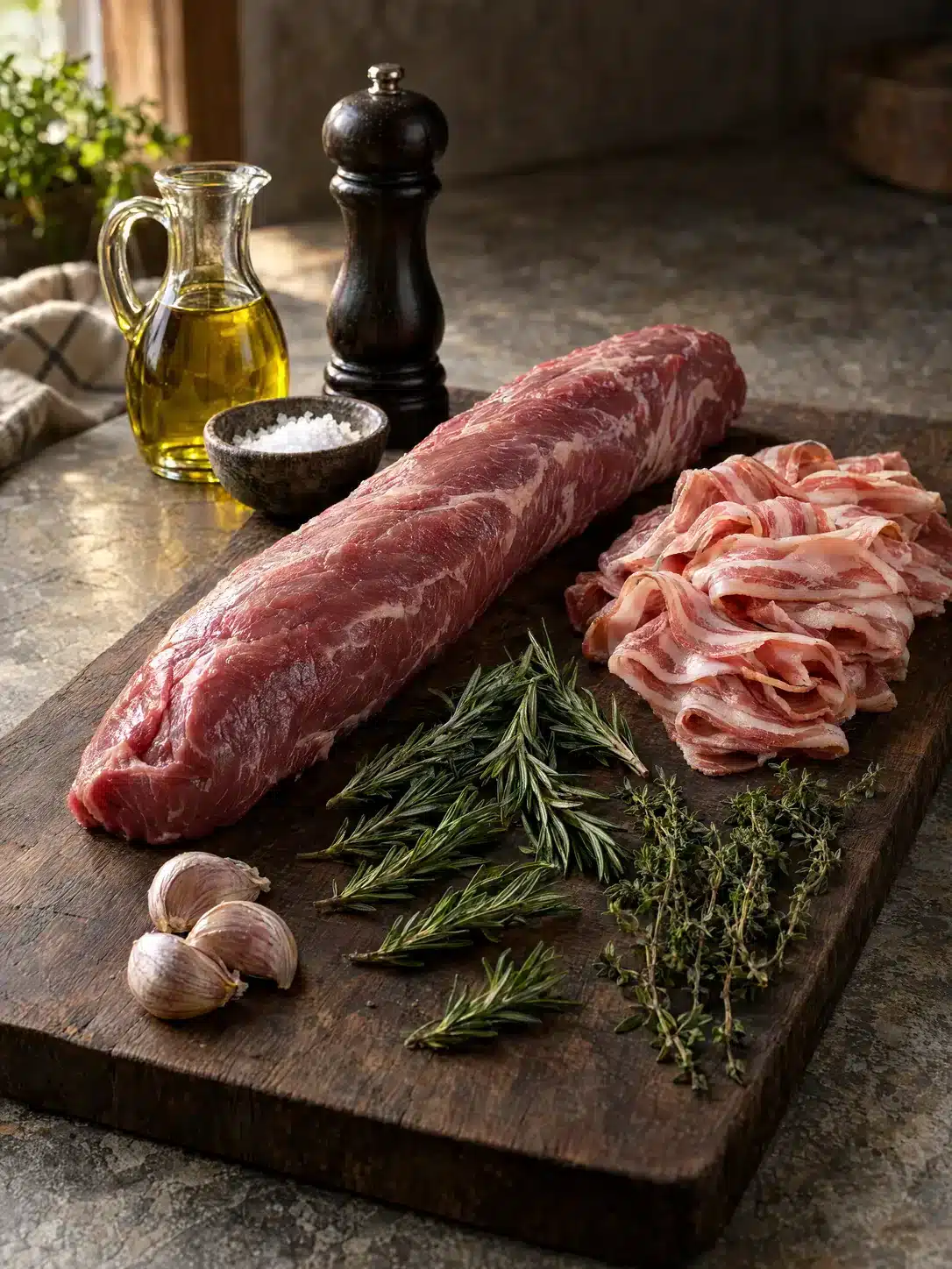 Einkauf – Filet, Kräuter und Speck Zutaten für das Iberico-Schweinefilet mit Bacon, Rosmarin, Thymian und Knoblauch