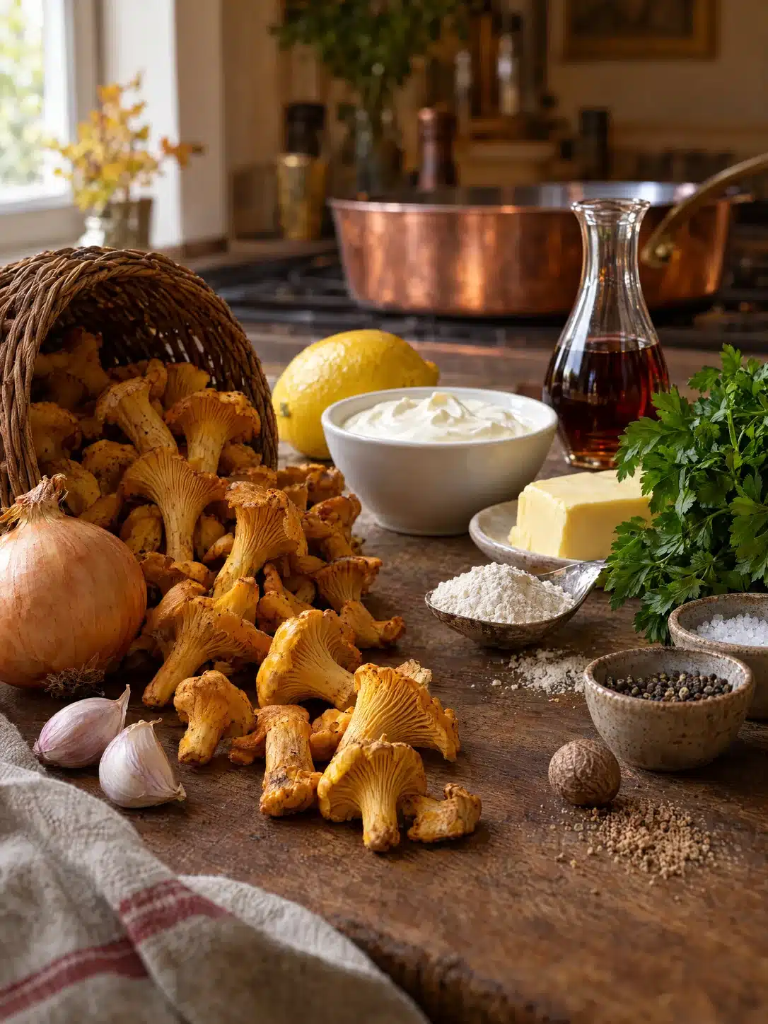 Zutaten für die Pfifferling-Portweinsauce mit Crème fraîche, Zitrone und Tawny Port