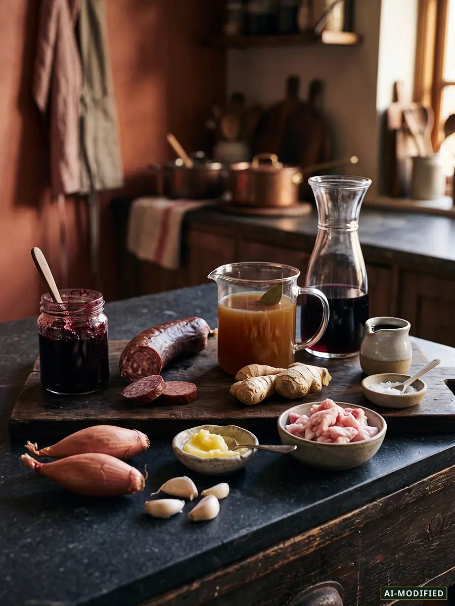 Zutaten für die Wildbeeren-Brenne mit Schalotten, Ingwer, Mettwurst, Rotwein und Lammfond