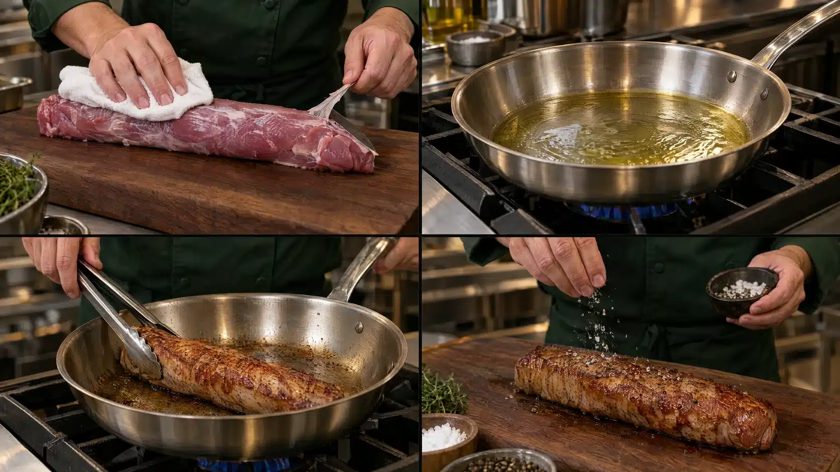 Schritt 1: das Schweinefilet trocken tupfen, parieren und rundum anbraten
