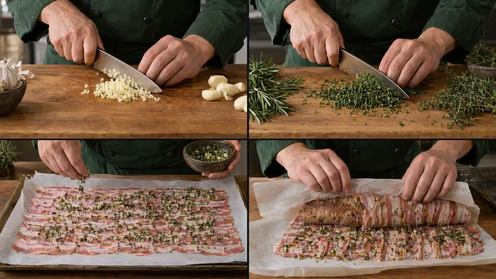 Schritt 2: Kräuter und Knoblauch hacken und das Filet in den Speckmantel rollen