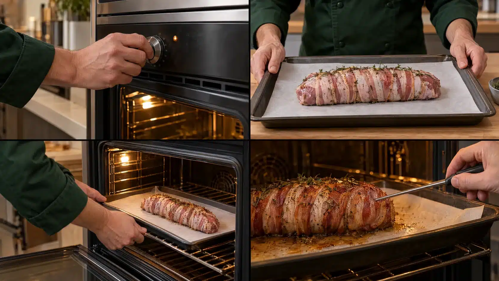 Schritt 3: das eingewickelte Filet im Ofen garen und die Kerntemperatur prüfen