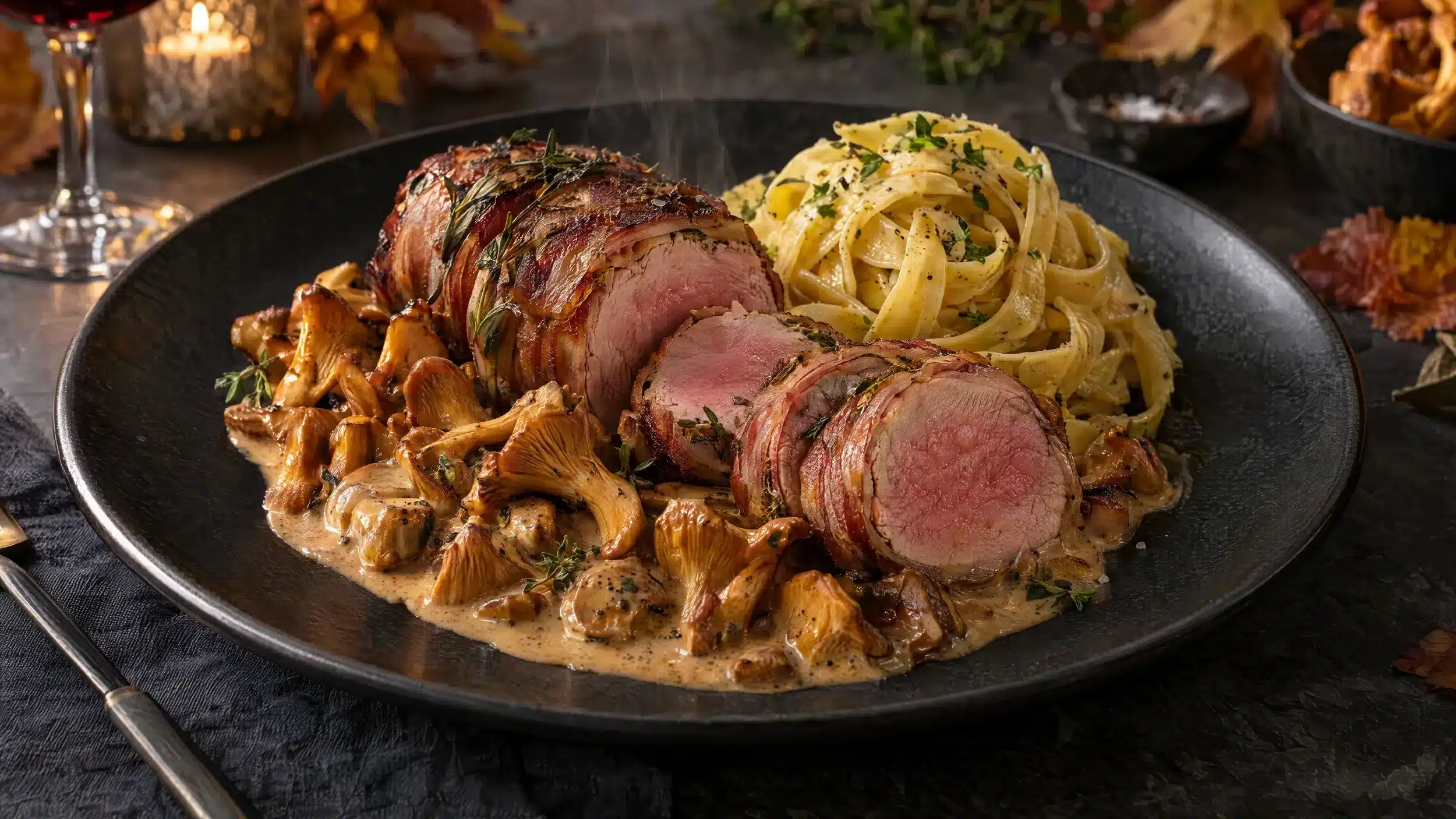 Iberico-Schweinefilet mit Pfifferlingen Iberico-Schweinefilet mit Pfifferlingen und Tagliatelle angerichtet