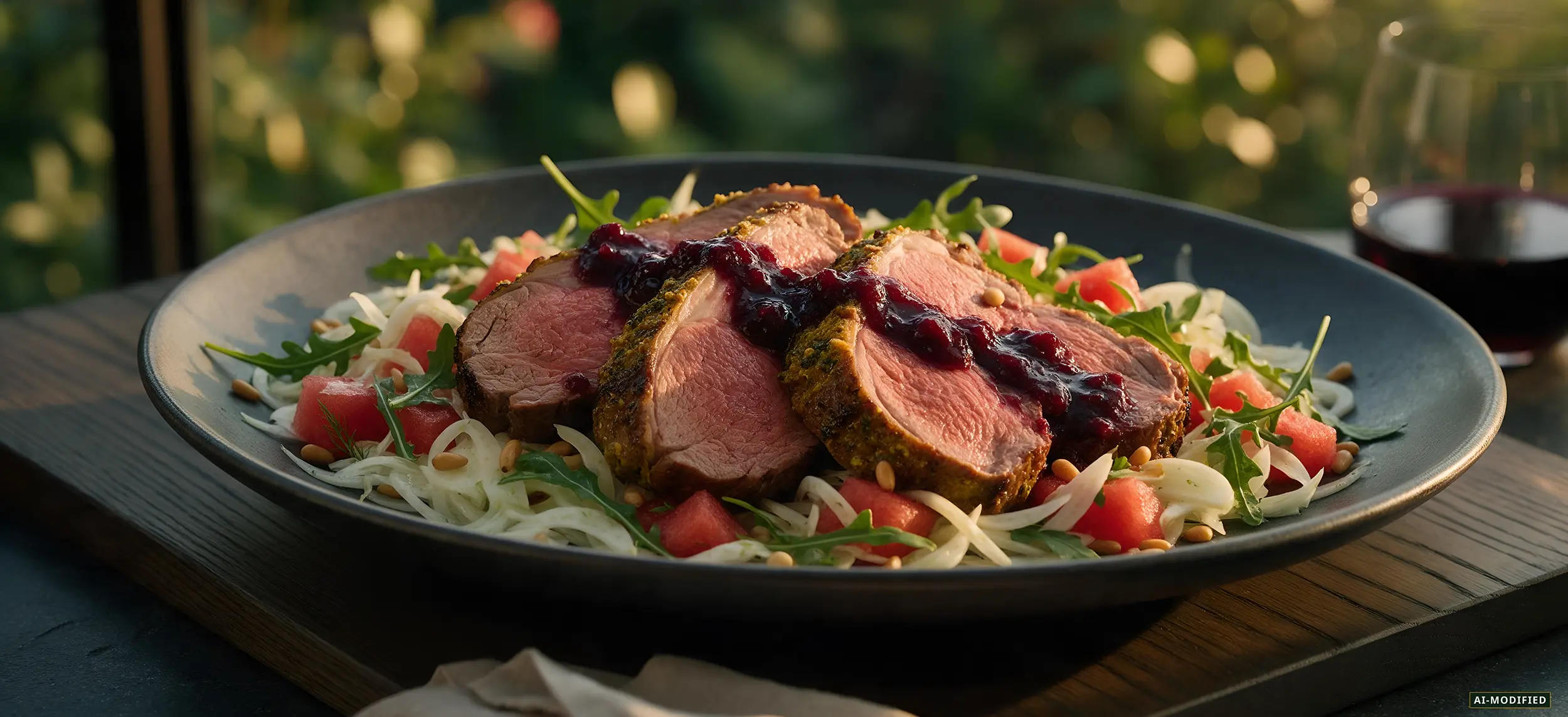 Aufgeschnittene rosa Lammkeule mit Wildbeeren-Brenne auf Fenchel-Wassermelonen-Salat