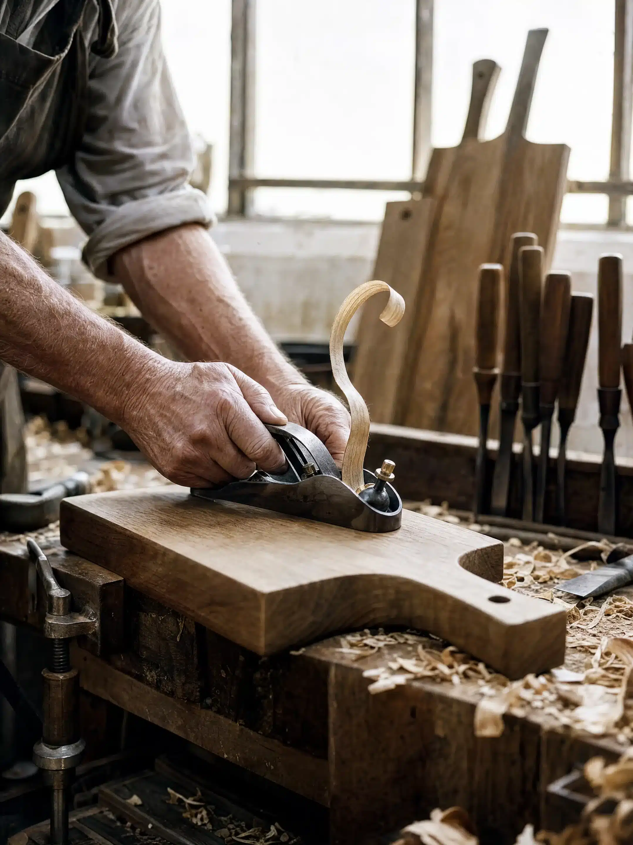 Ein Holzbrett wird von Hand gehobelt