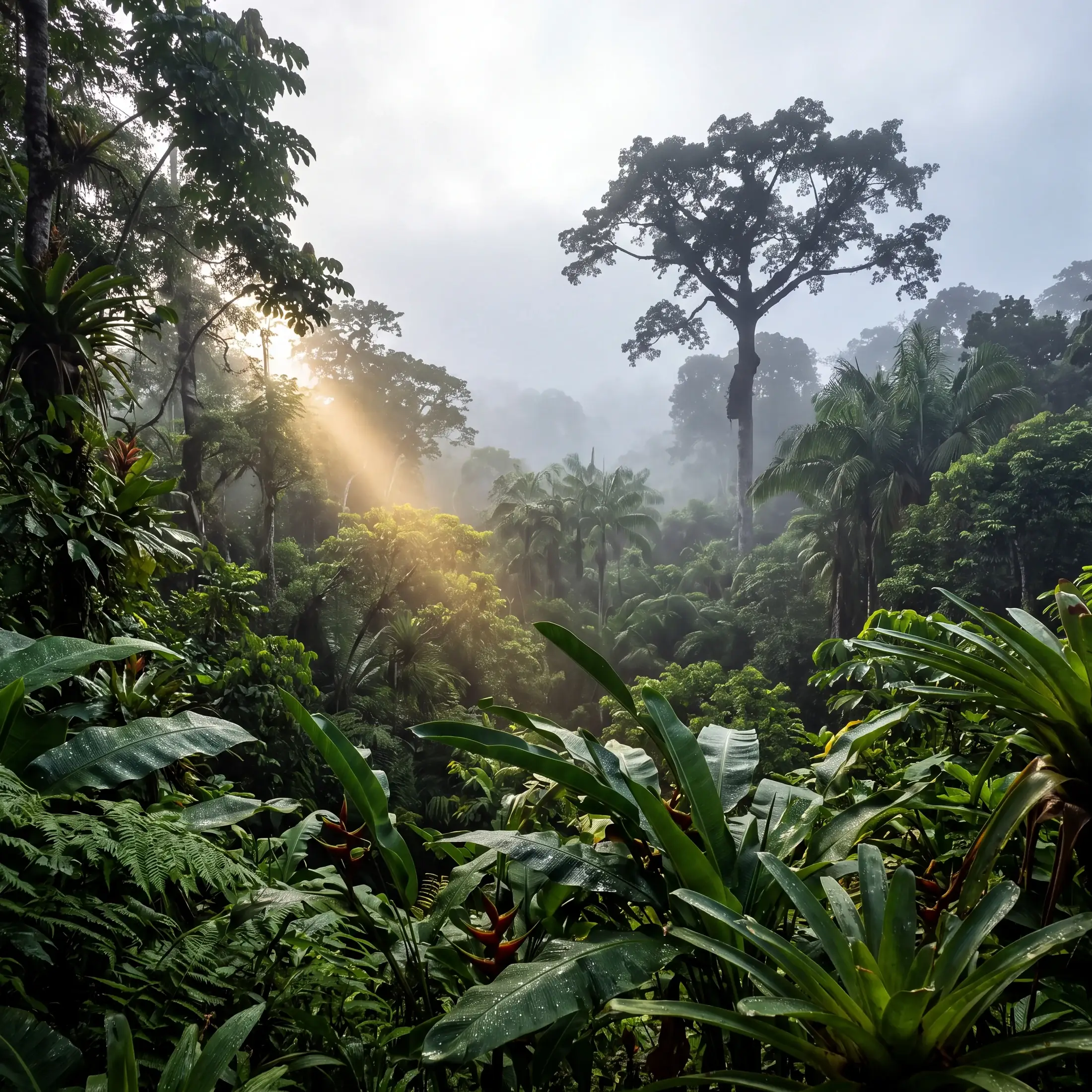 Regenwaldkronen in Peru im Morgennebel mit einem einzelnen Lichtstrahl