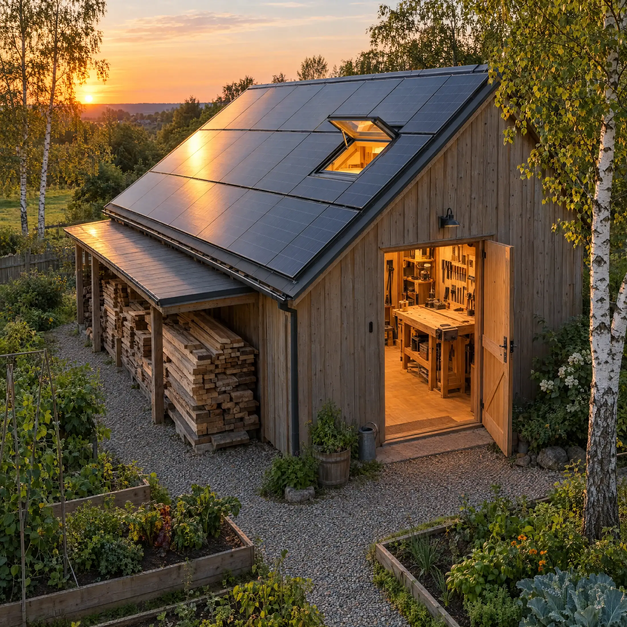 Werkstattdach mit Photovoltaikmodulen in der Abendsonne, warmes Licht aus der offenen Tür